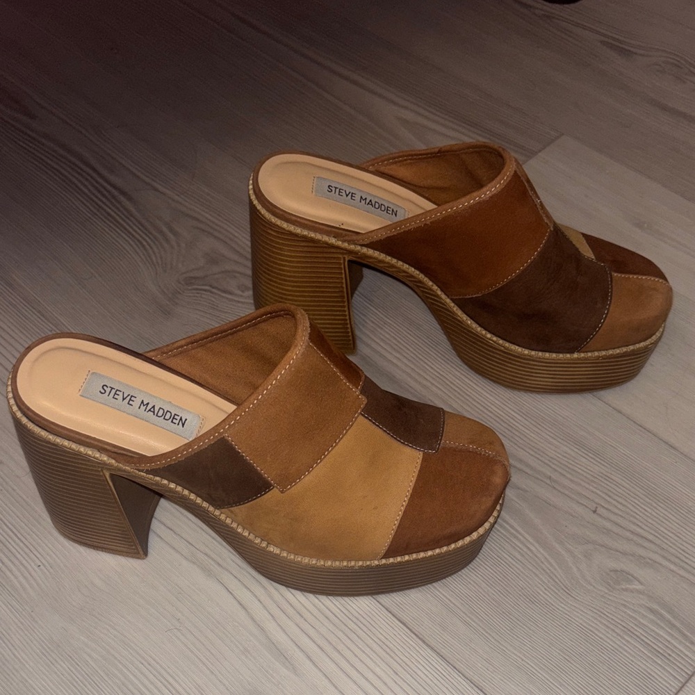 Steve Madden Women's Tan and Brown Patchwork Platform Mules
